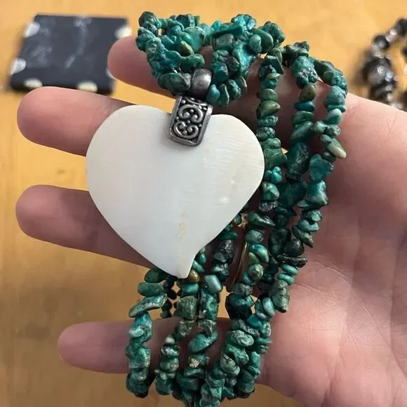 Vtg artisan turquoise coral nugget 3 strand necklace 925 mother of pearl - Picture 4 of 9